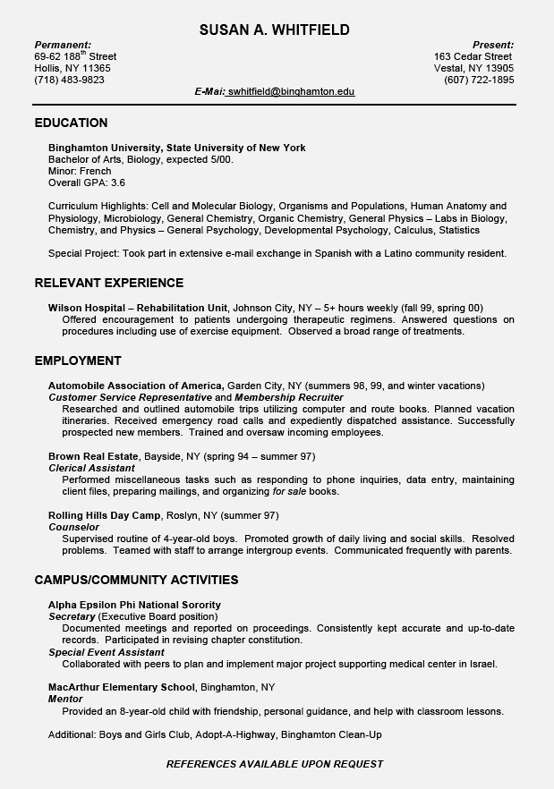 Sample resume of mba student